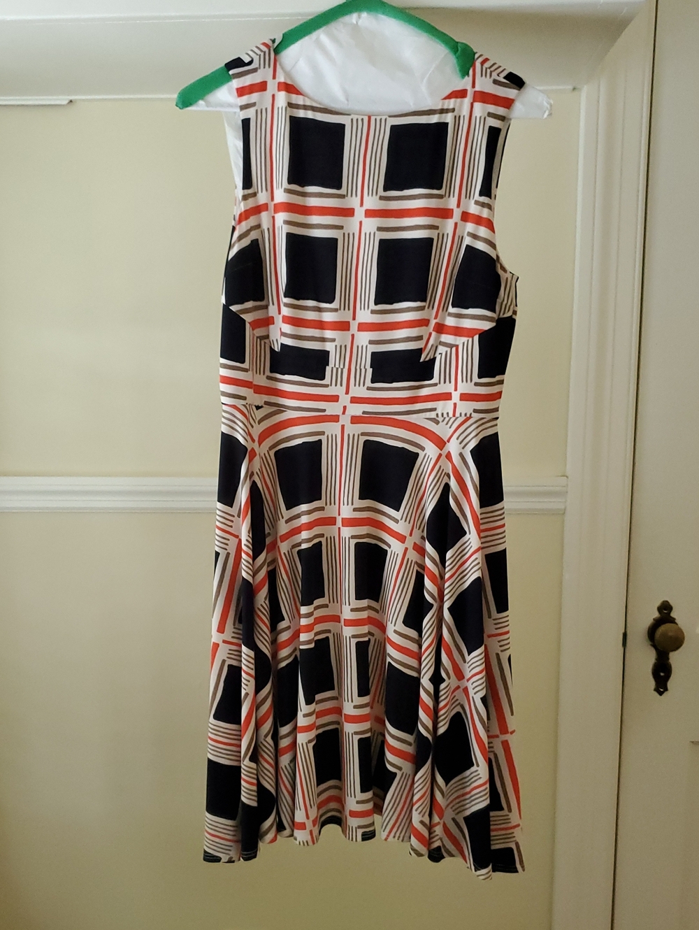Donna Morgan Navy, Coral, Taupe and White Geometric Fit-and-Flare Dress